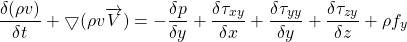 \[ \frac{\delta(\rho v)}{\delta t} + \bigtriangledown (\rho v \overrightarrow V) = -\frac{\delta p}{\delta y} + \frac{\delta \tau_{xy}}{\delta x} + \frac{\delta \tau_{yy}}{\delta y} + \frac{\delta \tau_{zy}}{\delta z} + \rho f_y \]