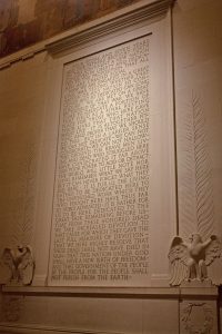 An inscription of the Gettysburg Address is pictured on the wall of the Lincoln Memorial.