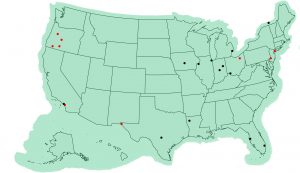 A map of the United States is marked with black and red dots indicating places where newspaper articles were published about James Blue's The March and the March on Washington.