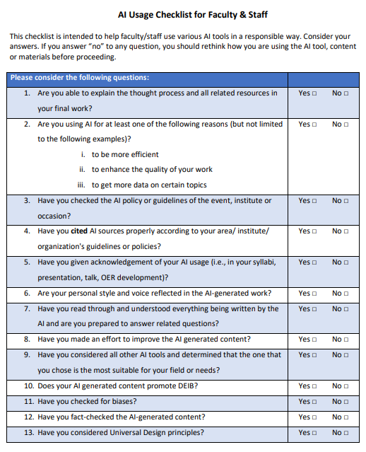 AI Usage Checklist for Faculty and Staff