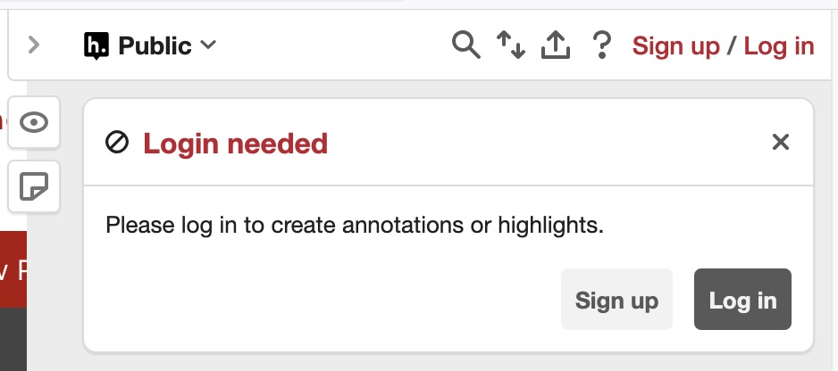 "Login needed" message in the Hypothesis panel with two buttons "Sign up" and "Log in"