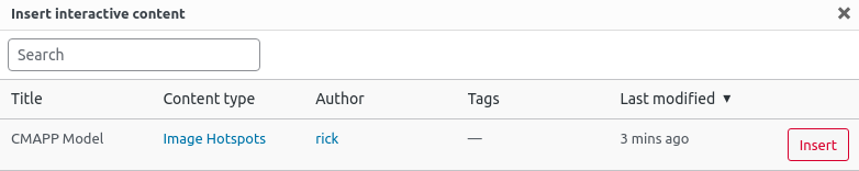"Insert interactive content" modal with a search bar on top and a table with columns for Title, Content type, Author, Tags and Last modified, and a row for one H5P activity. There is a "Insert" button at the right end of the row.