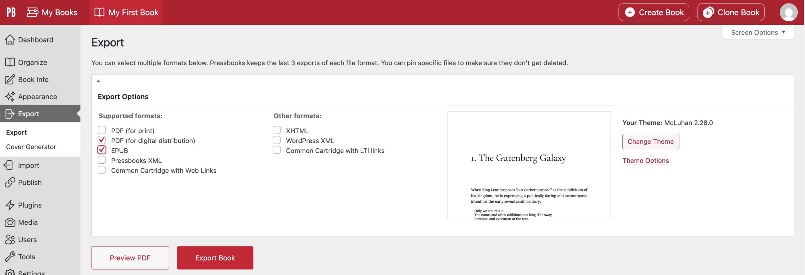 List with check boxes for available export formats and "Preview PDF" and "Export Book" buttons