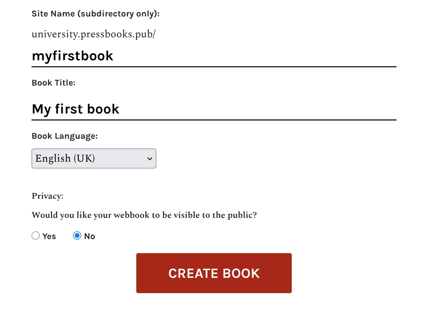 Partial of the "Create a book" page with fields described above and below.