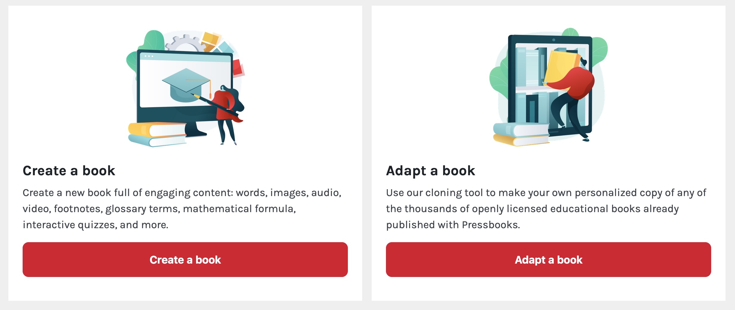 Dashboard center panel with two buttons "Create a book" and "Adapt a book"