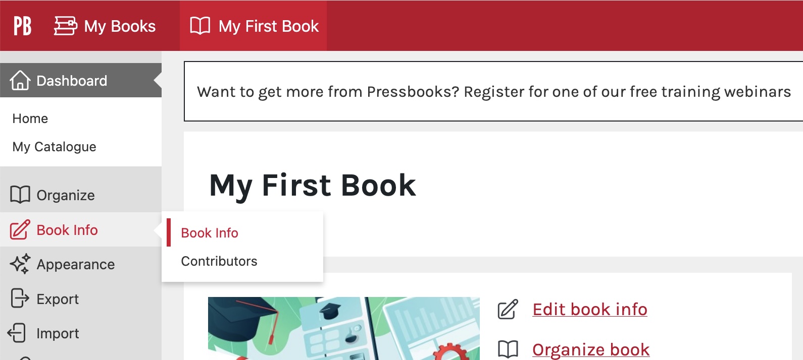 View of the Dashboard Menu, cursor hovering over Book Info
