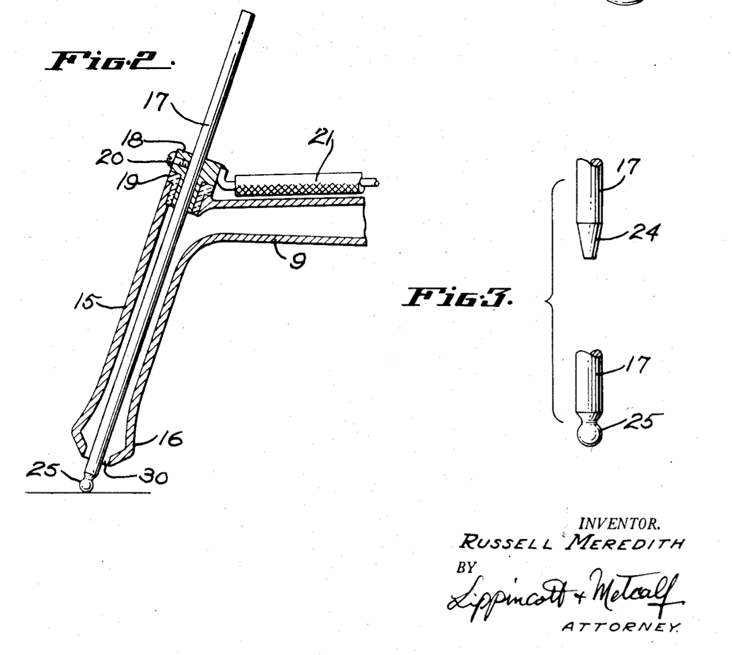 The original sketch for a patent request by Russel Meredith, it shows a welding torch with two interchangeable nozzles. The torch is labeled Figure 2 while the two nozzles are labeled Figure 3. The inventor is labeled as Russell Meredith and the name Lippincott and Metcalf appears under Meredith’s name with the word attorney underneath.