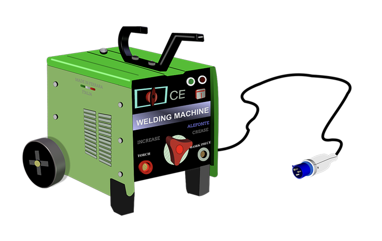 A simple welding power source with power cable. This example is a green machine with wheels attached to the back so the machine can be moved around, but it has two legs on the front for stability. Two electrical receptacles, one positive and one negative, are on the front of the machine where the welding leads plug in. A knob on the front allows the welder to adjust the welding amperage.