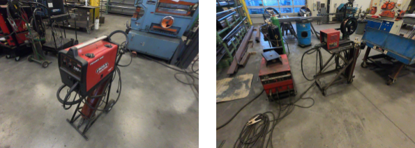 Two FCAW welding setups. A large industrial-use system pictured to the left, and small light-duty unit is pictured on the right.