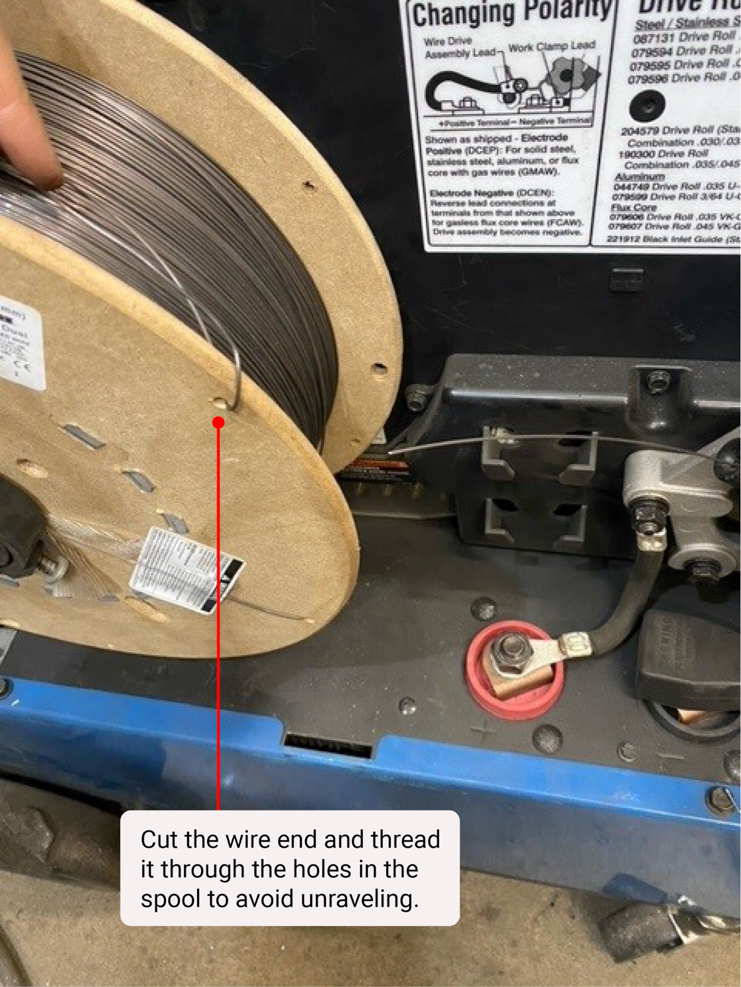 A look showing at how to wrap the wire end onto the spool to avoid unraveling while changing wire types or fixing tangled wire. A large spool of wire is attached to a machine. This spool happens to be wood and has regular holes along the ends. This so that the wire can be fed through the nearest hole and bent back so that the wire won’t unspool as the operator changes the wire.