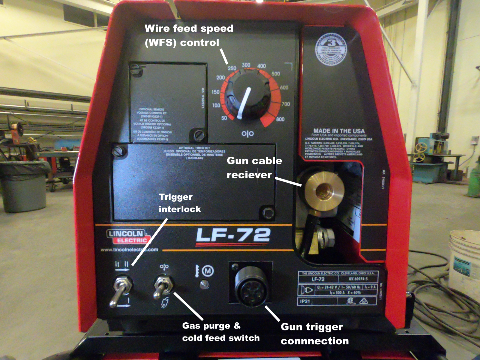 The front of a wire feeder with the major components and controls labeled. Labels say wire feed speed (WFS) control, gun cable receiver, trigger interlock, gas purge & cold feed switch, and gun trigger connection.