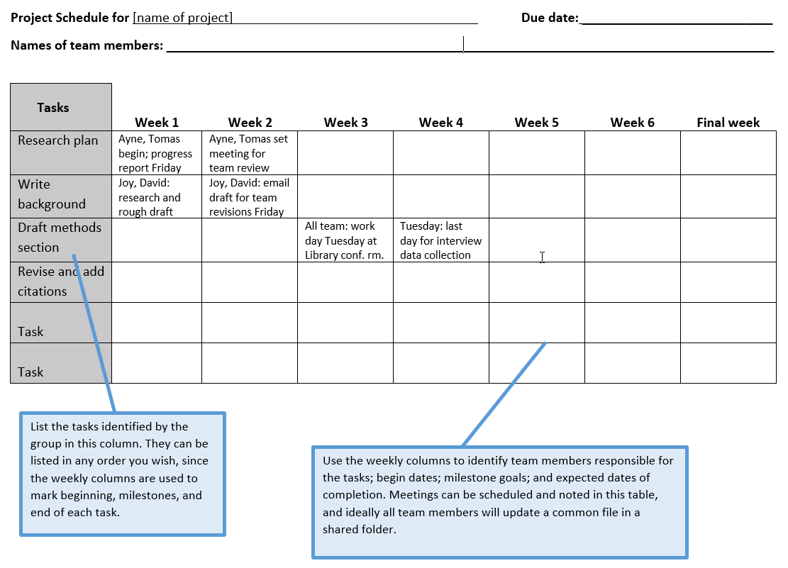 project schedule example image. First column is a task column which List the tasks identified by the group in this column. They can be listed in any order you wish, since the weekly columns are used to mark beginning, milestones, and end of each task. The rest of the chart is weekly columns. Use the weekly columns to identify team members responsible for the tasks; begin dates; milestone goals; and expected dates of completion. Meetings can be scheduled and noted in this table, and ideally all team members will update a common file in a shared folder.
