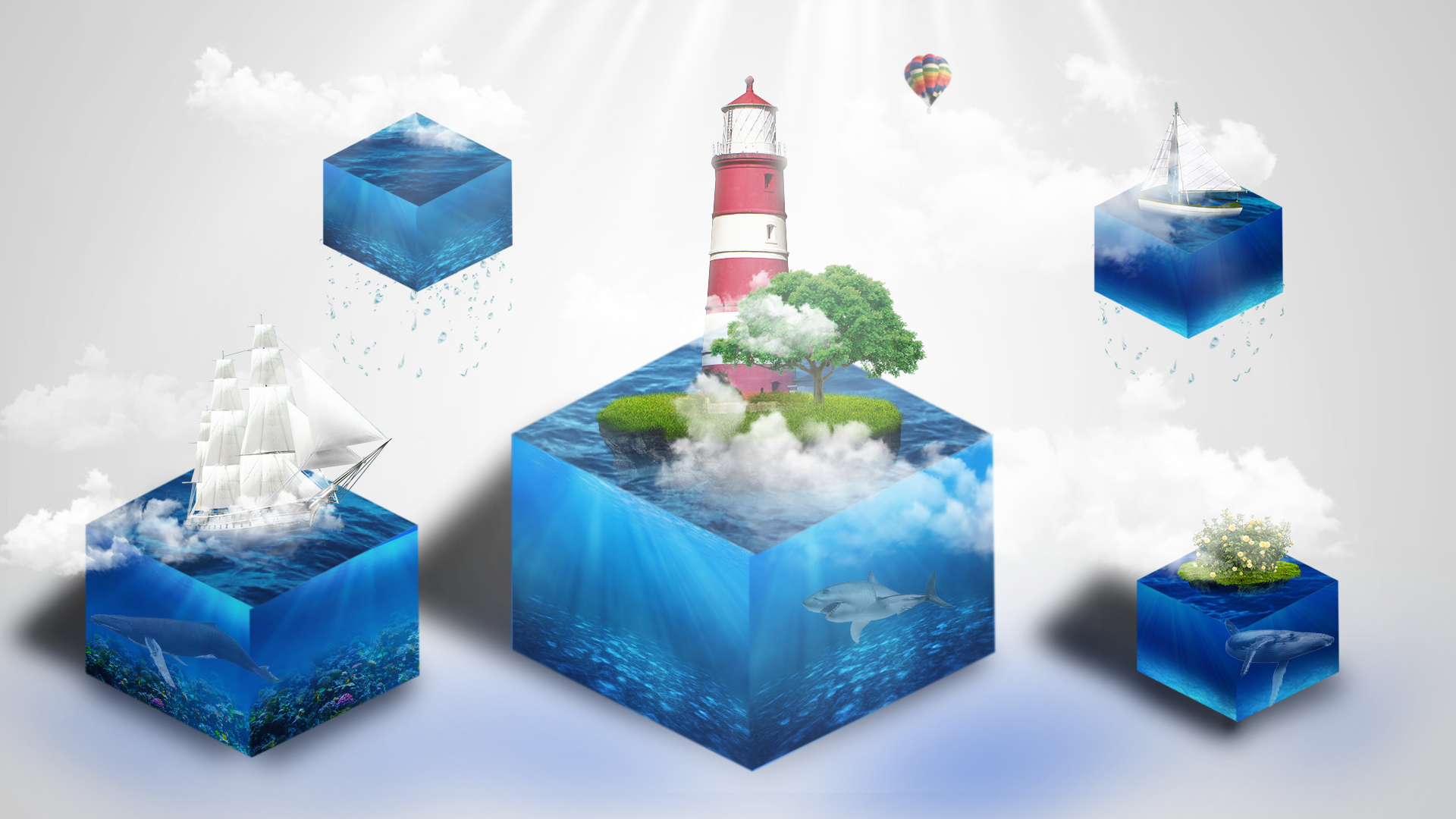 Image with blocks of ocean water with a lighthouse on one, ships on two, and clouds on each of them.