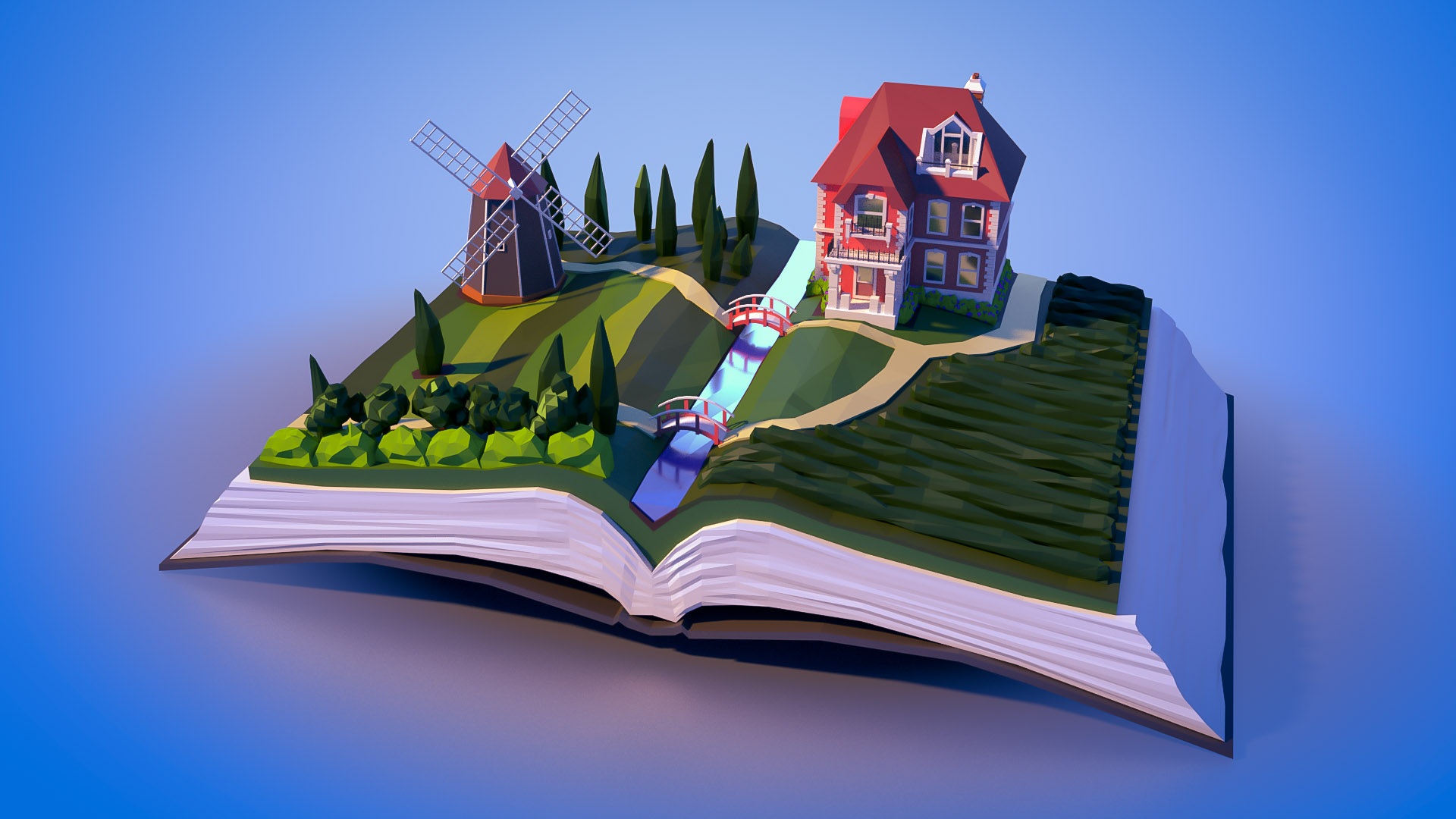 Open book with a three-dimensional model of a homestead placed upon it.