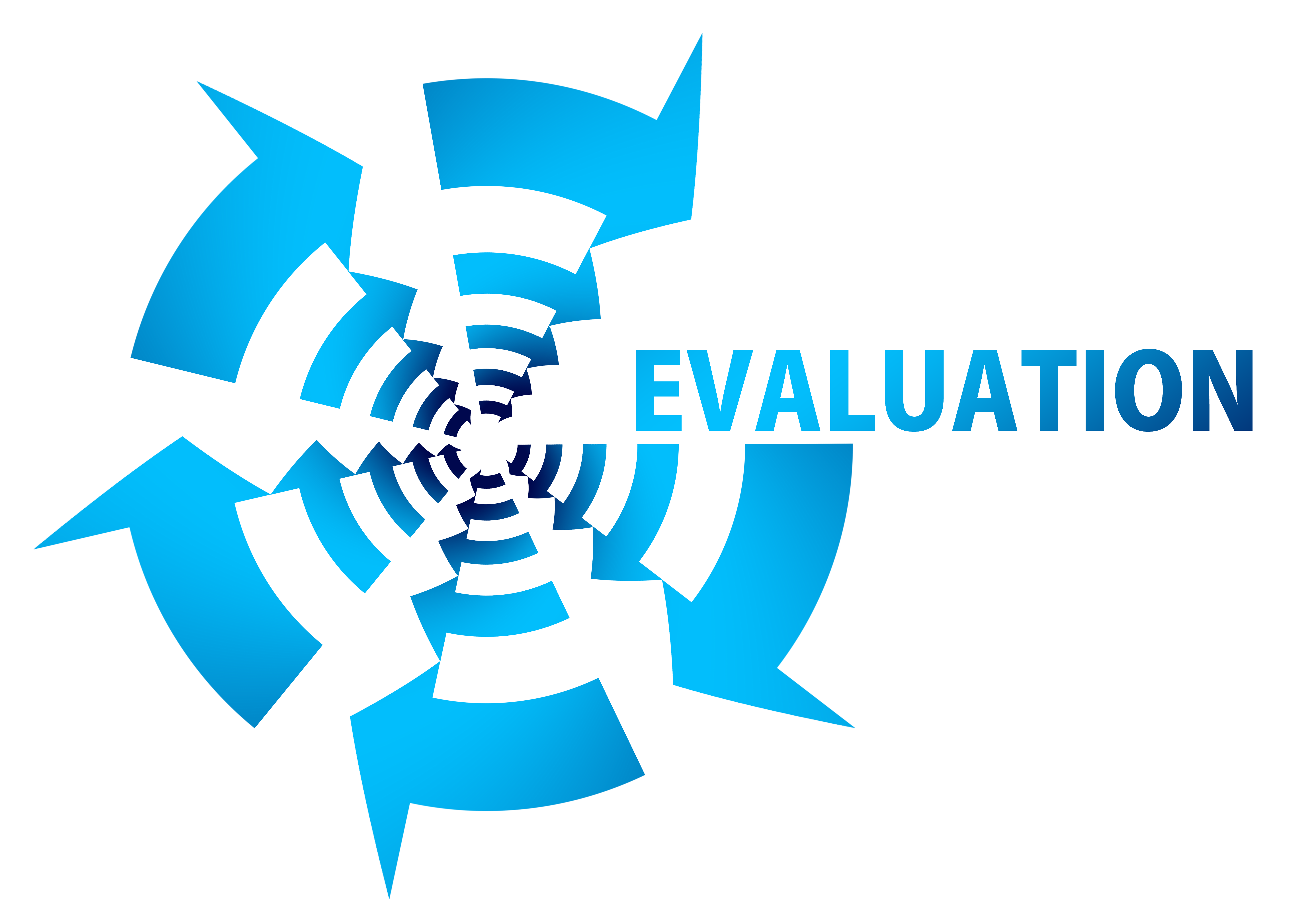 Series of blue arrows spiraling in a clockwise direction that symbolize the word, "evaluation."