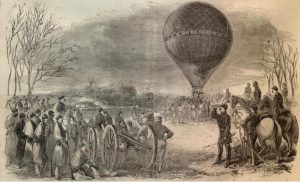 Professor Thaddeus Lowe launching a balloon ascension on a reconnoitering expedition to Vienna, Virginia. Retrieved from the Library of Congress.