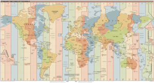 World map illustrating standard time zones, denoting the division of the Earth's surface into regions, each with its own standard time offset from Coordinated Universal Time (UTC). The map provides a visual representation of the global time zone system.