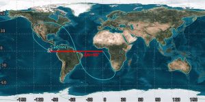 A world map displaying the orbit of a satellite labeled "Satellite 1." The orbit is shown with a blue elliptical path, and a red line indicates a change in inclination (ΔN) of 90 degrees, extending from the satellite's position to a point on the orbit.