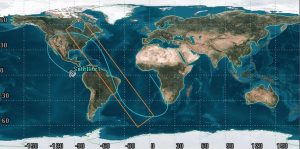 A world map showing the orbit of a satellite labeled "Satellite 1." The satellite's path is marked with a blue line, and an orange rectangular area highlights a specific region of the orbit. This area indicates where the perigee point could possibly be.