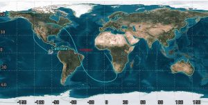 A world map showing the orbit of a satellite labeled "Satellite1" with a marked point labeled "Perigee!" near the western coast of South America. The satellite’s orbit is depicted with a blue line, indicating its path around the Earth.