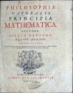 The image shows the title page of "Philosophiæ Naturalis Principia Mathematica" (Mathematical Principles of Natural Philosophy) written by Sir Isaac Newton. This masterpiece, first published in 1687, lays out Newton's laws of motion and the law of universal gravitation. The Latin text on the page translates to "Mathematical Principles of Natural Philosophy, with an additional paper on the motion of the lunar apse." The image is a historical representation of one of the most influential works in the history of science.