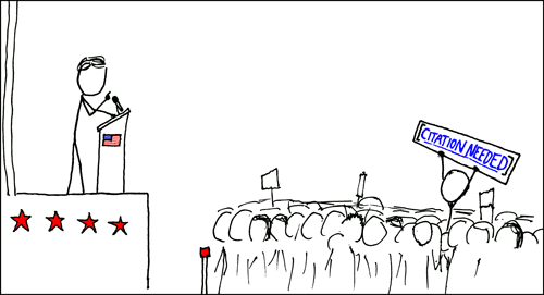 Comic depicting one person speaking from a stage, while sometime in the audience holds up a sign that says “citation needed”