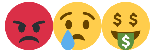 Angry Face, Crying Face, and Money-Mouth Face emojis