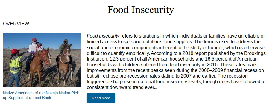 A topic page on food insecurity in the Opposing Viewpoints database shows an "overview" section with a link to read more