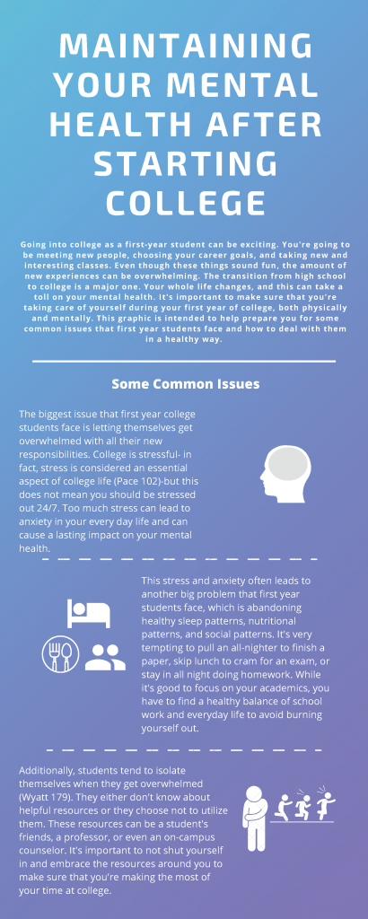 Infographic explaining how to maintain your mental health, highlighting issues that students commonly face.