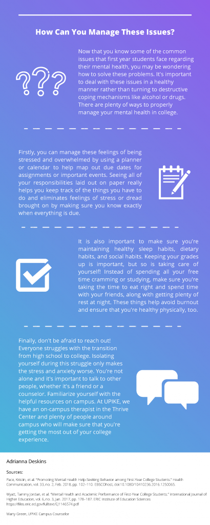 Infographic explaining how to maintain your mental health, highlighting issues that students commonly face.