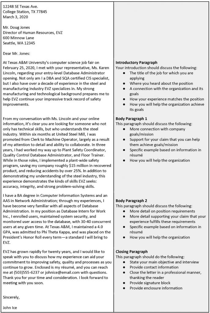 This image shows and explains the main parts of the content of a cover letter. Click the link at the end of the caption for an accessible PDF of this information.