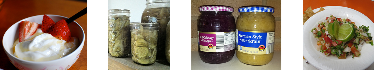 Photo of yogurt and strawberries. Photo of pickles in home canning jars. Photo of sauerkraut. Photo of pico de gallo.