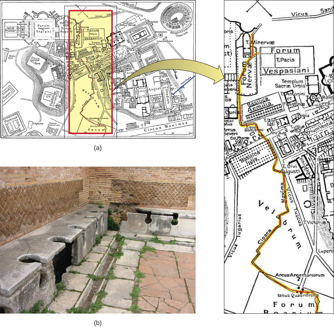 Figure a is a map of ancient Rome, showing the first sewer, which ran through the centre of the city. Figure b shows ancient latrines that carried waste away from the city and into the river Tiber.