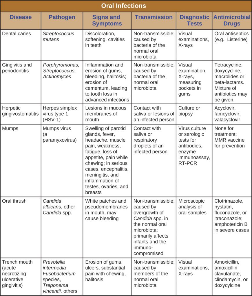 Table summarizing oral infections, causative agents, signs and symptoms,, modes of transmission, diagnostic tests and treatment