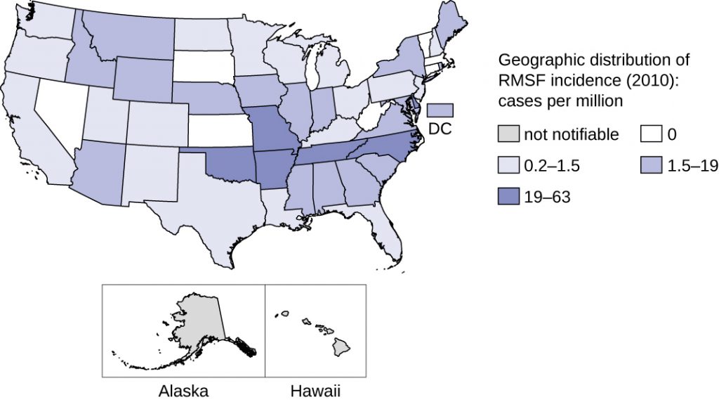 Map of geographic distribution of RMS incidence in 2010; cases per millions. Not notifiable in Alaska and Hawaii.