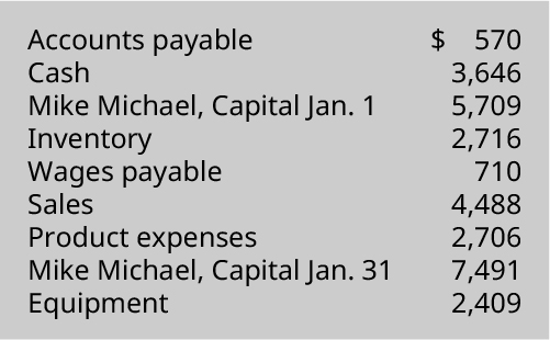 Accounts payable 💲570, Cash 3,646, Mike Michael capital January 1 5,709, Inventory 2,716, Wages payable 710, Sales 4,488, Product expenses 2,706, Mike Michael capital January 31 7,491, Equipment 2,409.