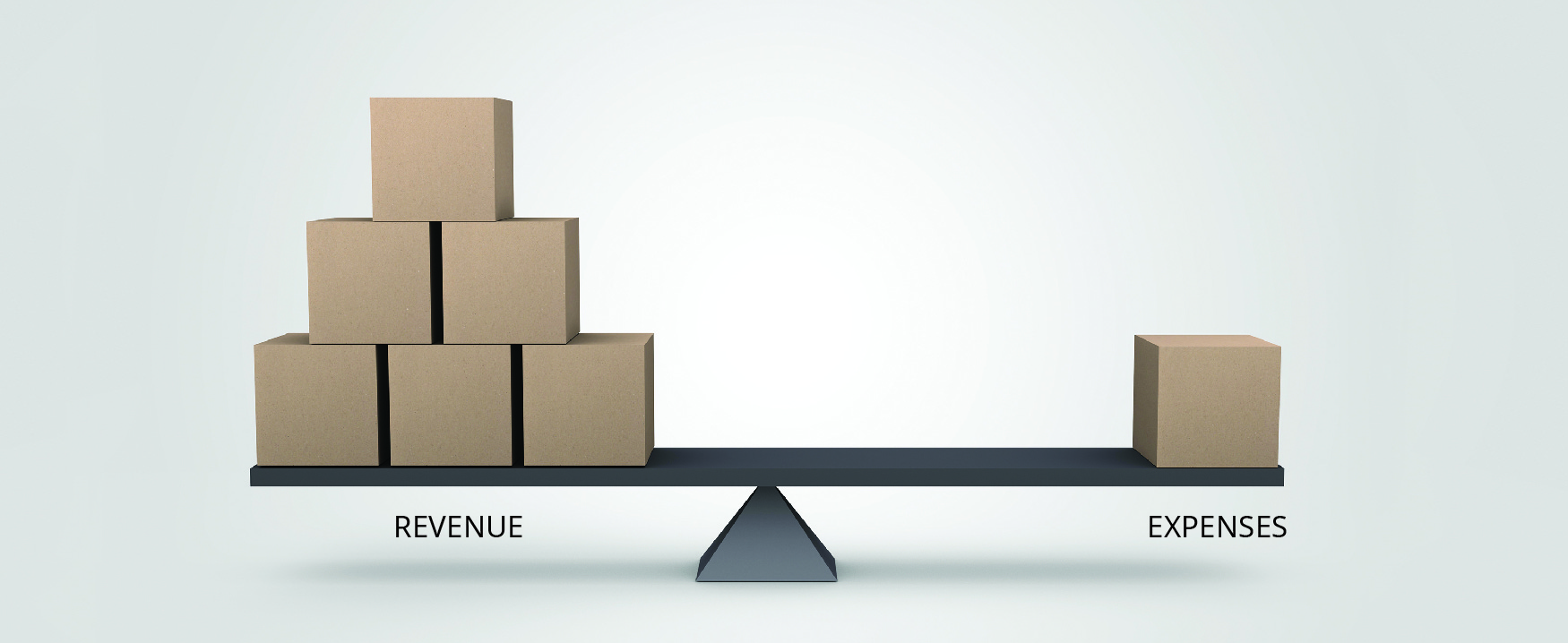 Picture of a scale with Revenue (represented by six boxes) on one side and Expenses (represented by one box) on the other.