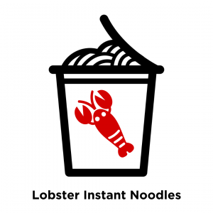 A cup of instant noodles with a lobster logo on the packet