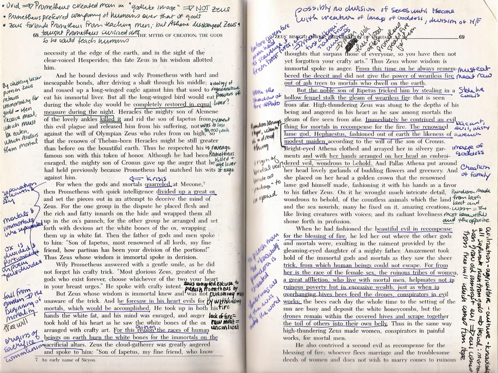 Two pages of a book where there are numerous hand written notes in the margins, overlapping the text, and underlined passafes.