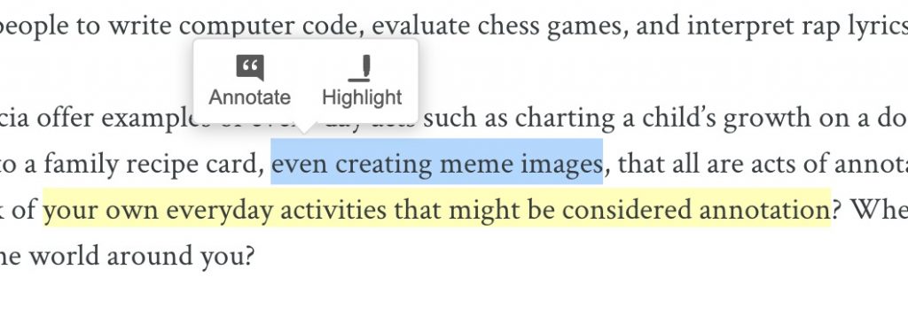 The words -even creating meme images -- are selected and the tool buttons appear aboce it, Annotate and Highlight