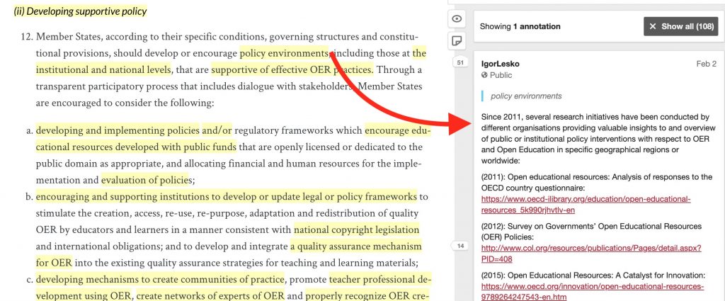 A different version of the text for action area (ii) but several words, prhases are covered in yellow highlights, with arrow from one -- policy environments -- to a note with examples and references
