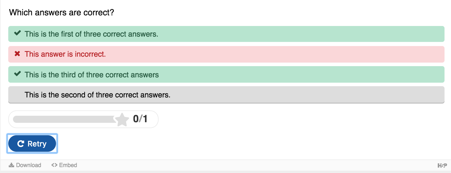 image of a quiz question that has three correct answers; this user has chosen two correct answers but receives zero points