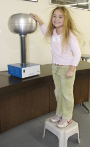 Girl touching charged metal sphere - her hair standing up.
