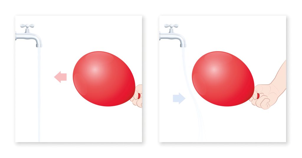 Balloon water experiment, static attraction. Charged balloon causes bending water stream. Set the tap running gently, rub the balloon somewhere, move it near to the stream and the water is attracted. Balloon stock vector