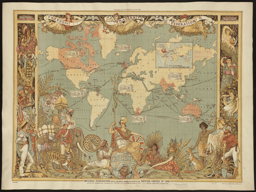 An ornate map of the world with holdings of the British Empire colored pink. Cartoon versions of the peoples of the British Empire are positioned around the edges of the map, and banners captioned "Freedom," "Fraternity," and "Federation" are arranged along the top.