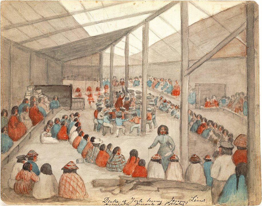 Painting of an interior building, with a long line of people seated.