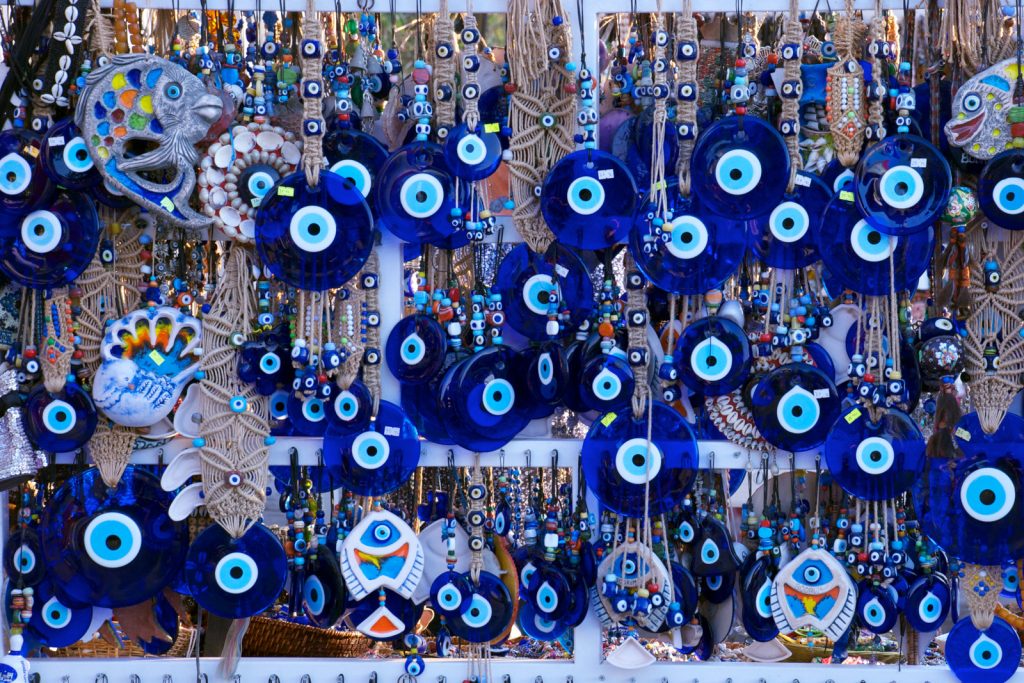 Display of blue evil eye amulets