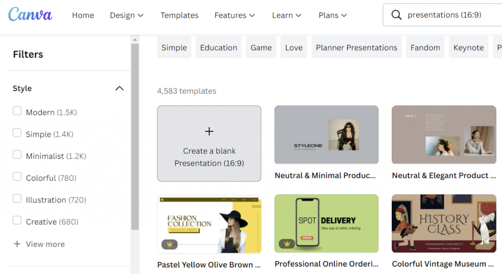 Screenshot of presentation template page in Canva.com