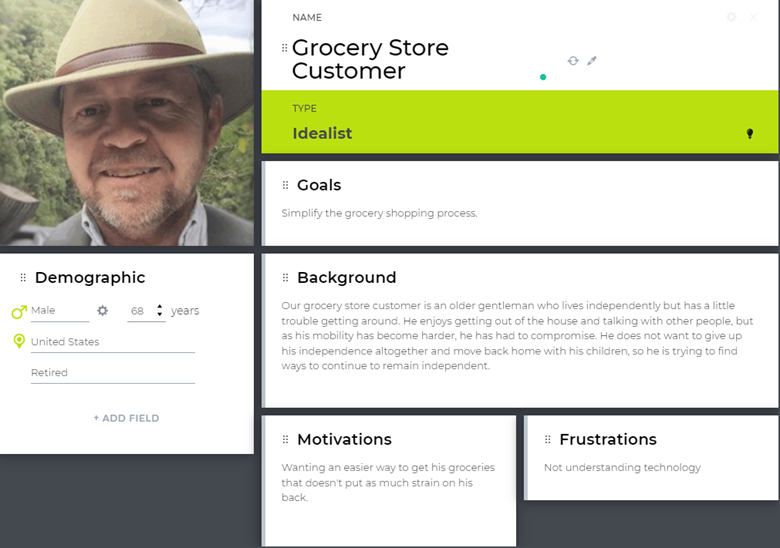 Grocery store customer persona with image of older gentleman
