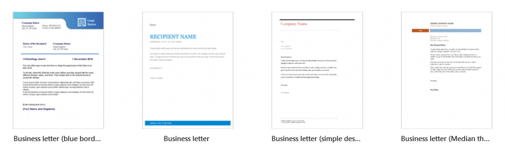 Screenshot of letter templates available in MSWord